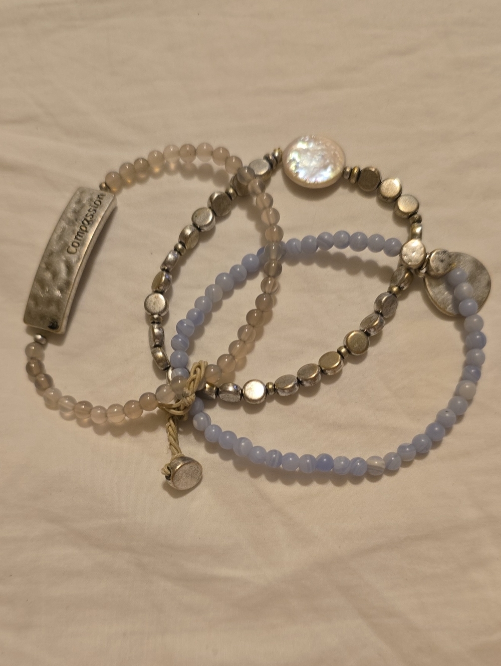 Stackable Beaded Bracelet Set - Blue & Beige with Silver Accents
